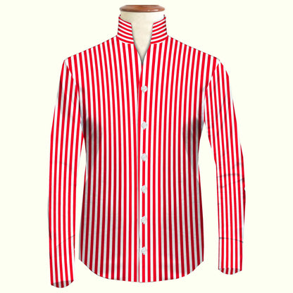 Red Striped One Piece Collar Shirt For Men Gift Giza Cotton Satin High Tall Neck Stiff Collar Shirt Chinese Mandarin Band Collar Dress Shirt