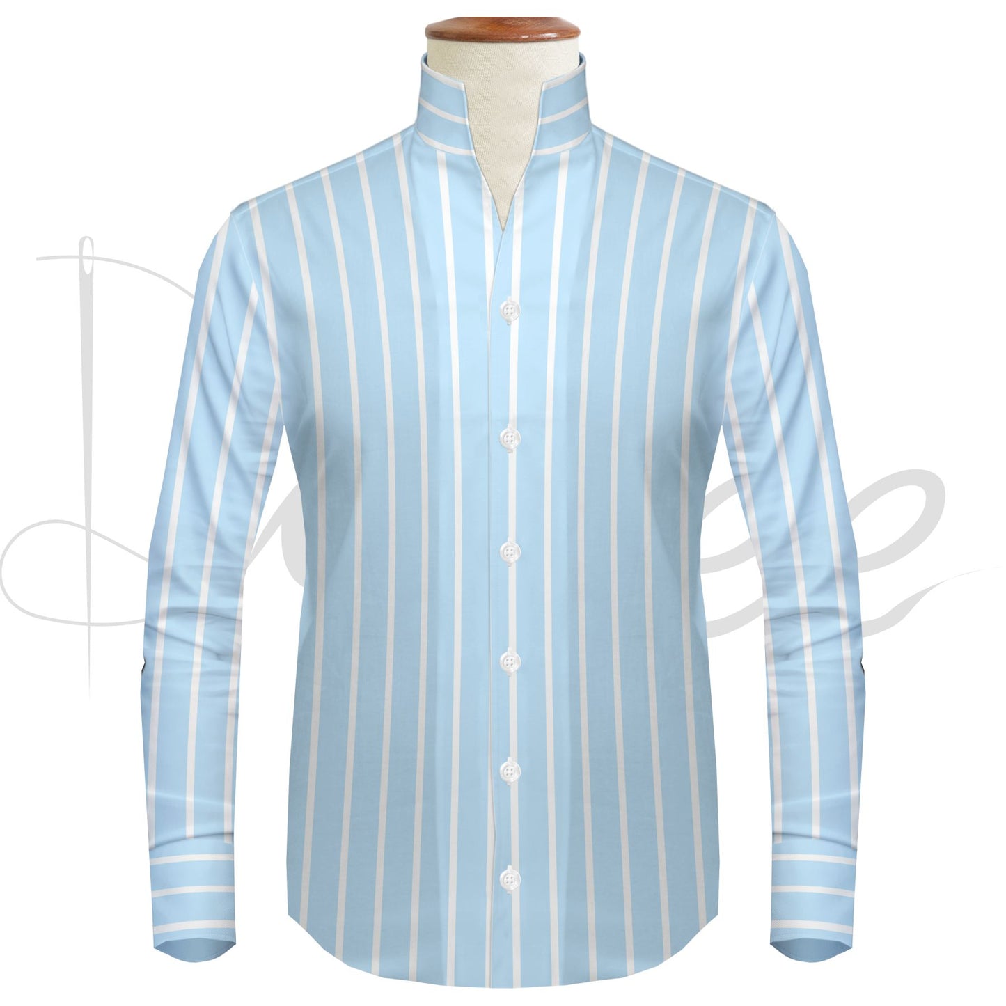 Sky Blue Striped One Piece Collar Shirt For Men Gift Giza Cotton Satin High Tall Neck Stiff Collar Shirt Chinese Mandarin Band Collar Dress Shirt