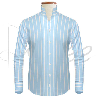 Sky Blue Striped One Piece Collar Shirt For Men Gift Giza Cotton Satin High Tall Neck Stiff Collar Shirt Chinese Mandarin Band Collar Dress Shirt