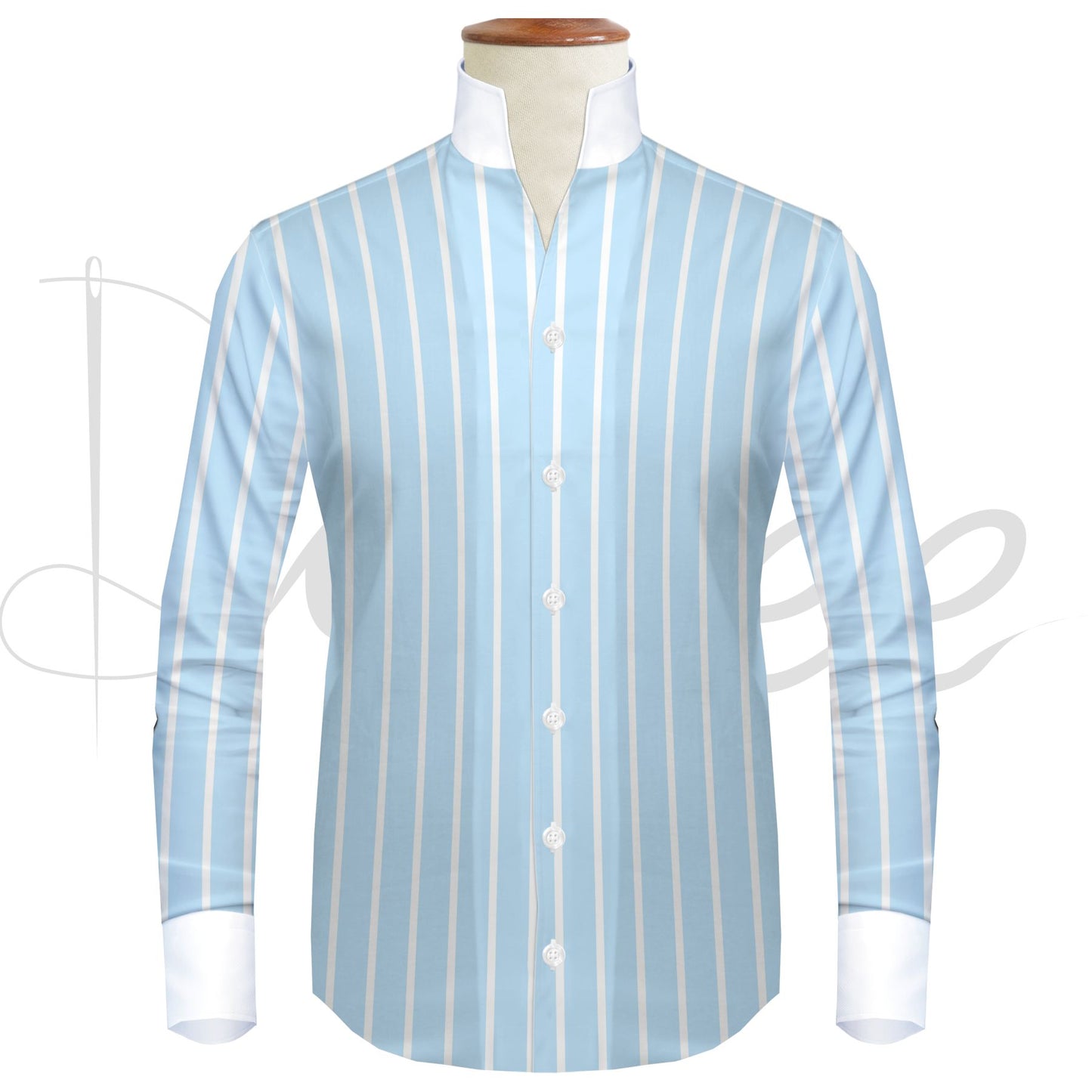 Sky Blue Striped One Piece Collar Shirt For Men Gift Giza Cotton Satin High Tall Neck Stiff Collar Shirt Chinese Mandarin Band Collar Dress Shirt