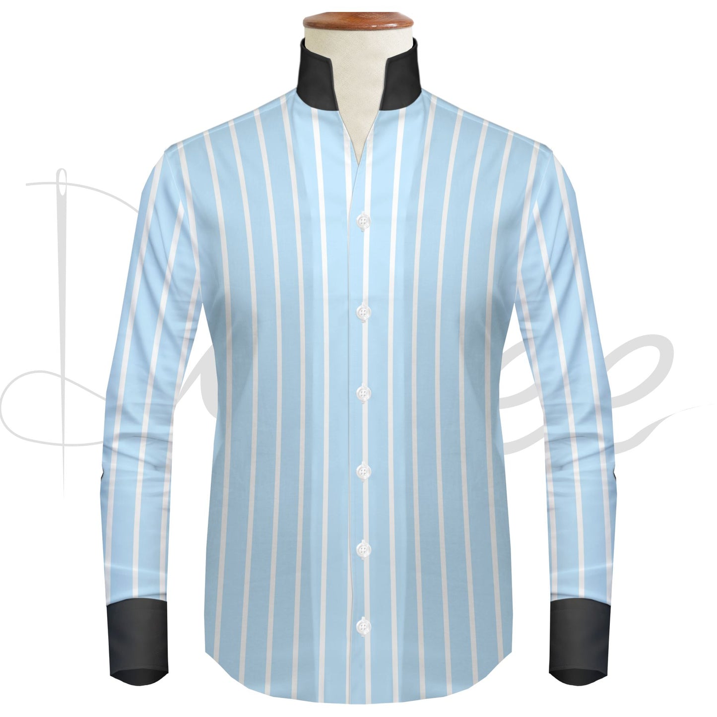 Sky Blue Striped One Piece Collar Shirt For Men Gift Giza Cotton Satin High Tall Neck Stiff Collar Shirt Chinese Mandarin Band Collar Dress Shirt
