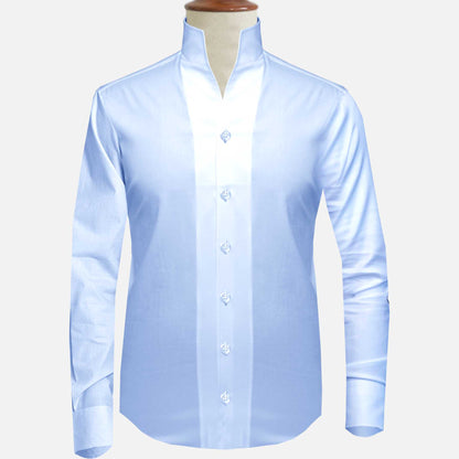 Sky Blue One Piece Collar Shirt For Men Gift Giza Cotton Satin High Tall Neck Stiff Collar Shirt Chinese Mandarin Band Collar Dress Shirt