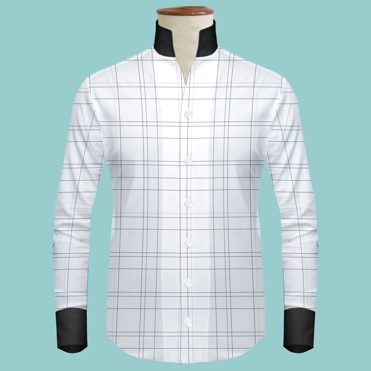White Plaid Checks Men's Shirt High Collar Shirt Buttonless V Collar Shirt High Tall Neck Collar China High Band Collar Cotton Dress Shirt