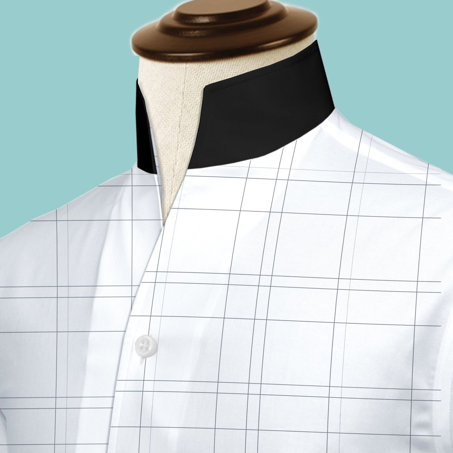 White Plaid Checks Men's Shirt High Collar Shirt Buttonless V Collar Shirt High Tall Neck Collar China High Band Collar Cotton Dress Shirt