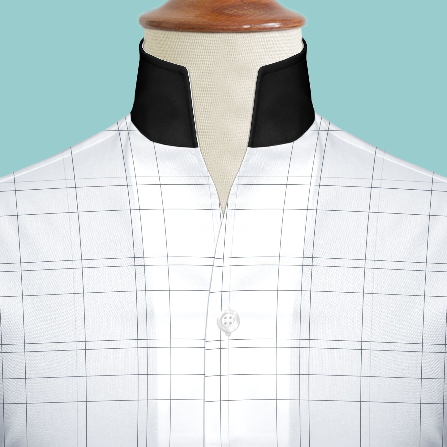 White Plaid Checks Men's Shirt High Collar Shirt Buttonless V Collar Shirt High Tall Neck Collar China High Band Collar Cotton Dress Shirt
