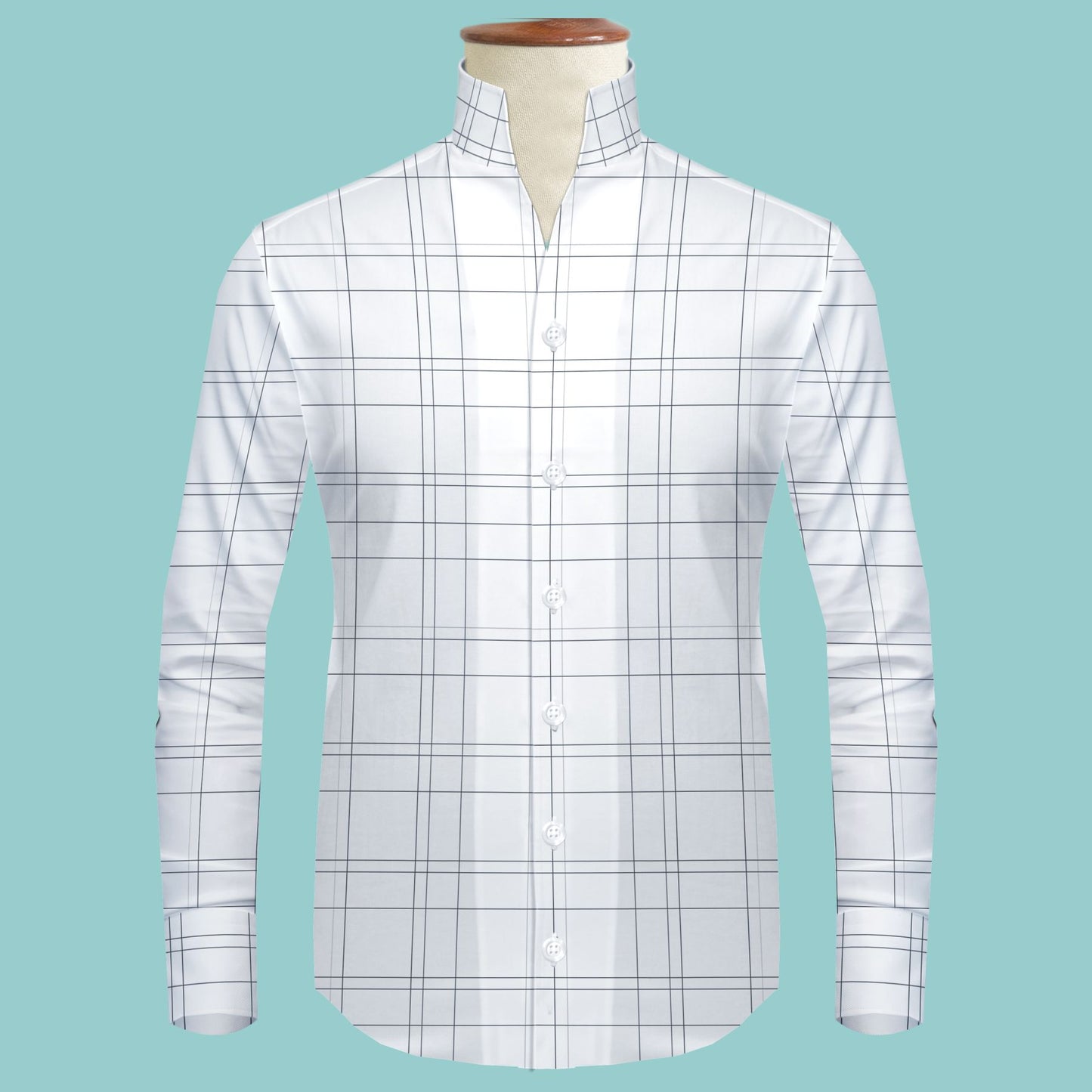 White Plaid Checks Men's Shirt High Collar Shirt Buttonless V Collar Shirt High Tall Neck Collar China High Band Collar Cotton Dress Shirt