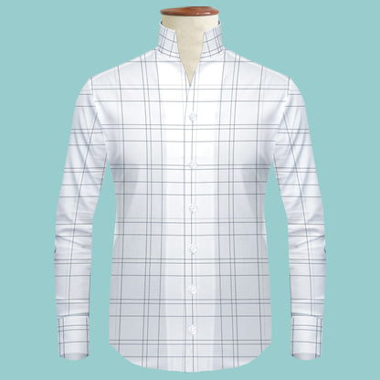 White Plaid Checks Men's Shirt High Collar Shirt Buttonless V Collar Shirt High Tall Neck Collar China High Band Collar Cotton Dress Shirt