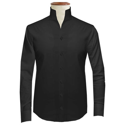 Solid Black Men's Shirt High Collar Shirt Buttonless V Collar Shirt High Tall Neck Collar China High Band Collar Cotton Dress Shirt