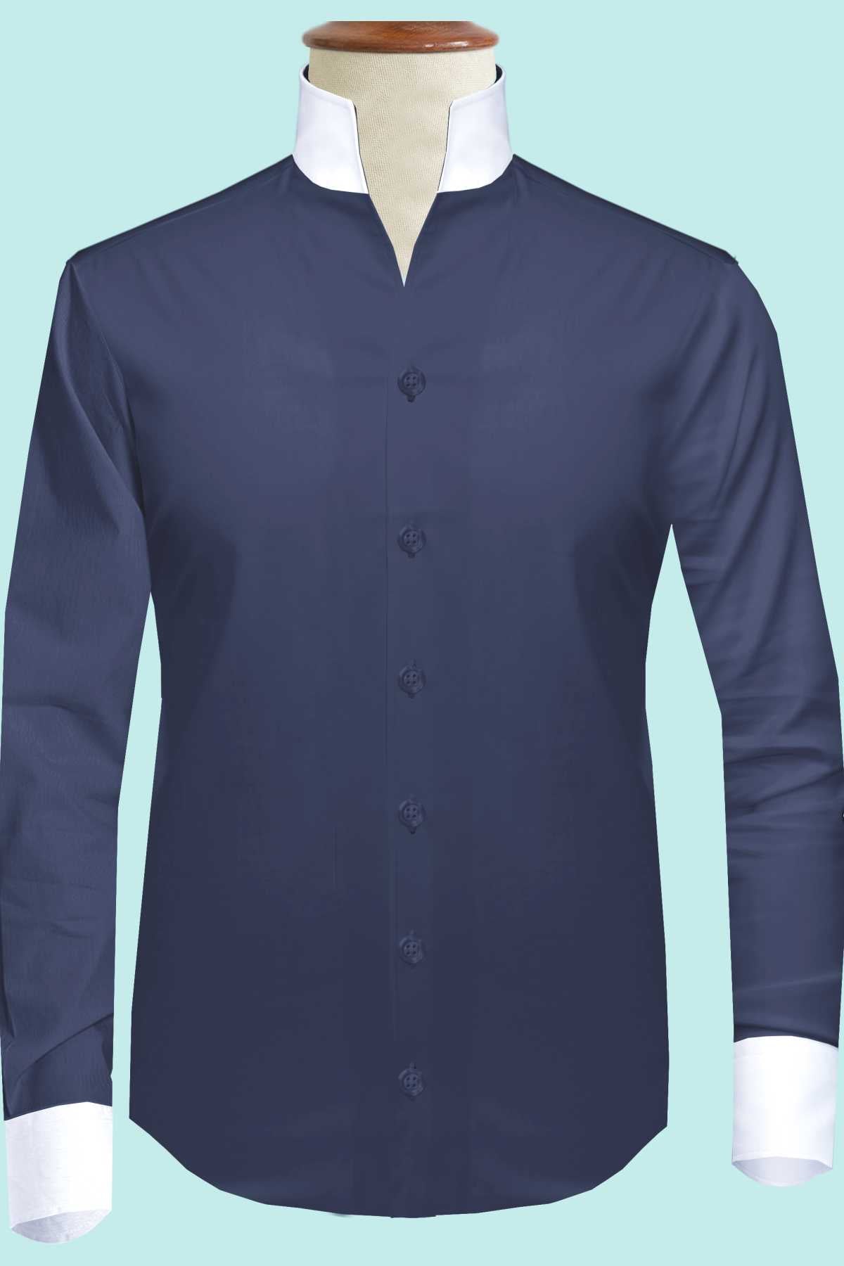 Navy Blue One Piece Collar Shirt For Men Gift Giza Cotton Satin High Tall Neck Stiff Collar Shirt Chinese Mandarin Band Collar Dress Shirt