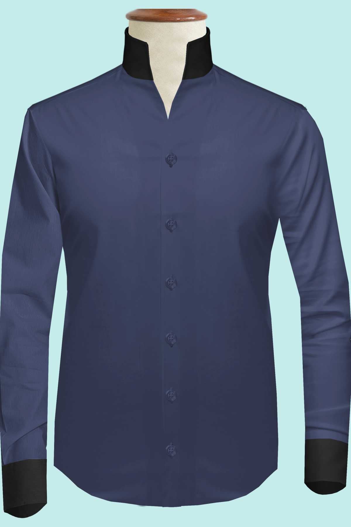 Navy Blue One Piece Collar Shirt For Men Gift Giza Cotton Satin High Tall Neck Stiff Collar Shirt Chinese Mandarin Band Collar Dress Shirt