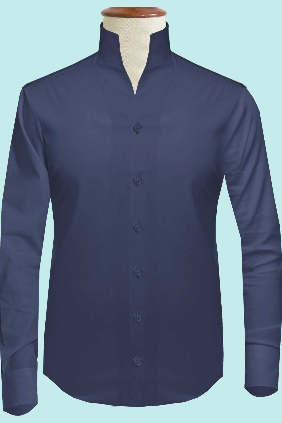 Navy Blue One Piece Collar Shirt For Men Gift Giza Cotton Satin High Tall Neck Stiff Collar Shirt Chinese Mandarin Band Collar Dress Shirt