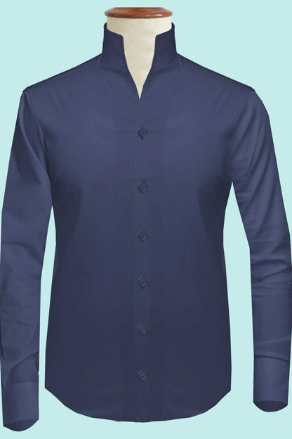 Navy Blue One Piece Collar Shirt For Men Gift Giza Cotton Satin High Tall Neck Stiff Collar Shirt Chinese Mandarin Band Collar Dress Shirt