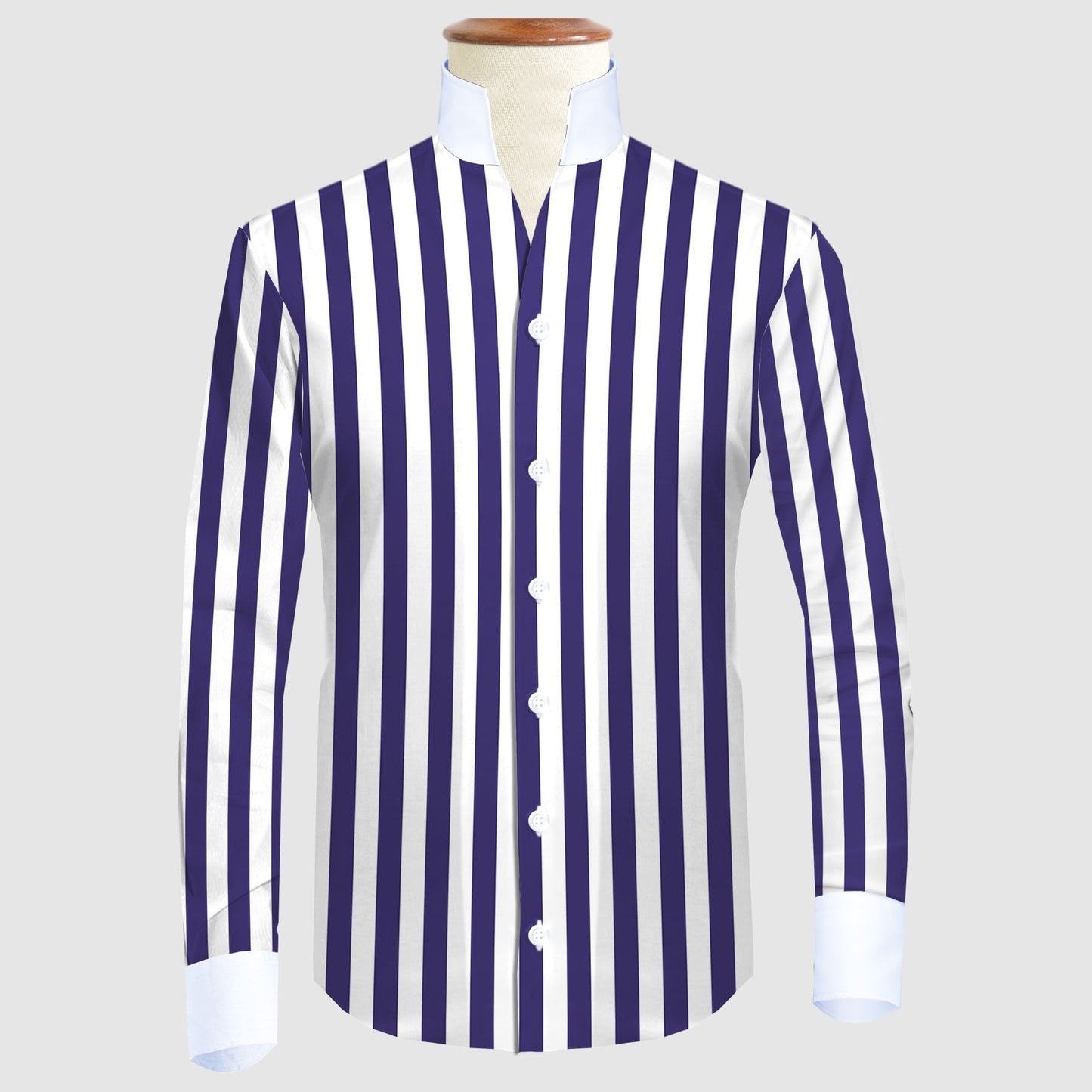 Navy Blue Striped One Piece Collar Shirt For Men Gift Giza Cotton Satin High Tall Neck Stiff Collar Shirt Chinese Mandarin Band Collar Dress Shirt