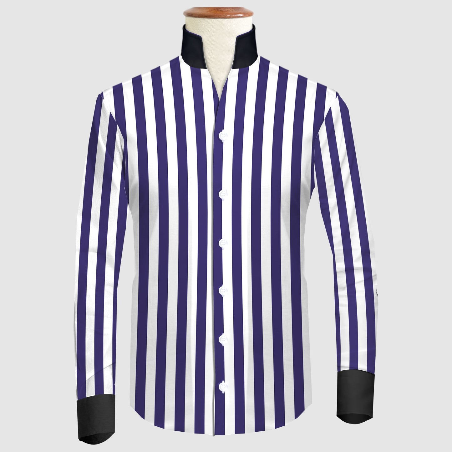 Navy Blue Striped One Piece Collar Shirt For Men Gift Giza Cotton Satin High Tall Neck Stiff Collar Shirt Chinese Mandarin Band Collar Dress Shirt