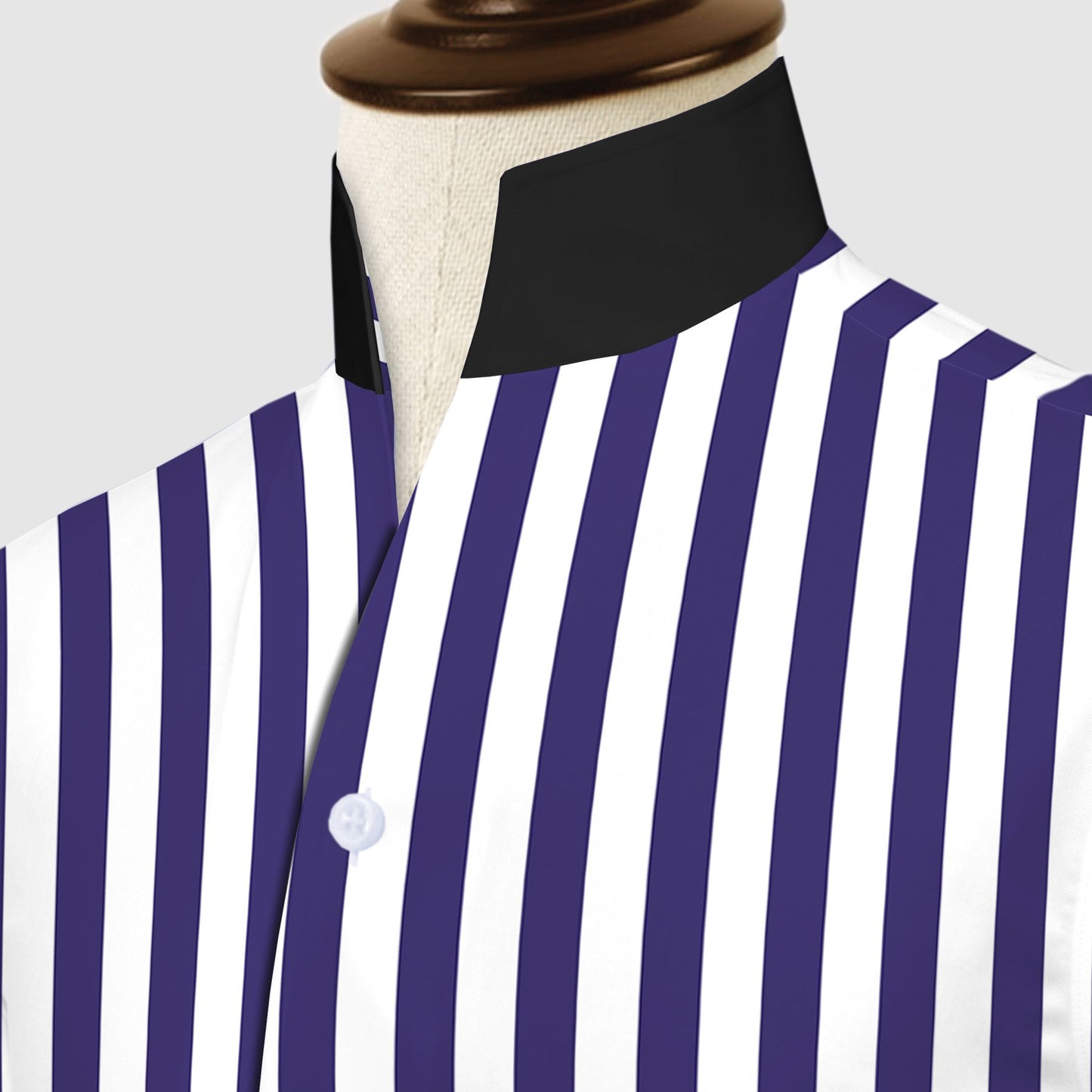 Navy Blue Striped One Piece Collar Shirt For Men Gift Giza Cotton Satin High Tall Neck Stiff Collar Shirt Chinese Mandarin Band Collar Dress Shirt