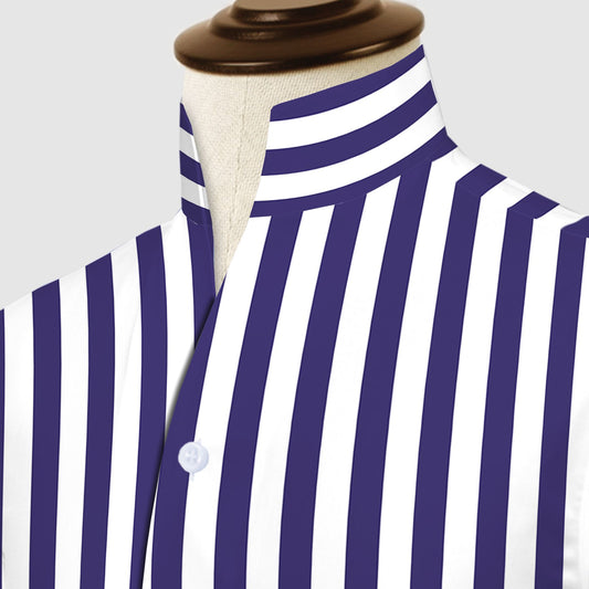 Navy Blue Striped One Piece Collar Shirt For Men Gift Giza Cotton Satin High Tall Neck Stiff Collar Shirt Chinese Mandarin Band Collar Dress Shirt