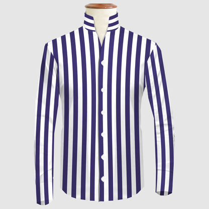 Navy Blue Striped One Piece Collar Shirt For Men Gift Giza Cotton Satin High Tall Neck Stiff Collar Shirt Chinese Mandarin Band Collar Dress Shirt