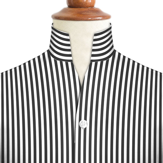 Black Striped One Piece Collar Shirt For Men Gift Giza Cotton Satin High Tall Neck Stiff Collar Shirt Chinese Mandarin Band Collar Dress Shirt
