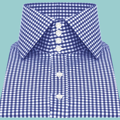 High Spread Collar Dress Shirt For Men President English Wide Spread Full Sleeves  Blue Gingham Chacks Shirt Men Wedding Attire Tall Neck Windsor Collar (Copy)