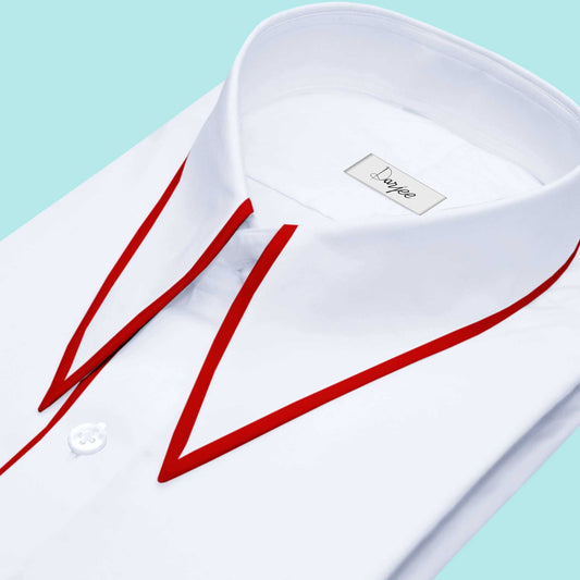 White Long Spear Pointed Collar Men's Dress Shirt Gift For Him Vintage Style Contrast Piping Full Sleeves Giza Cotton Shirt