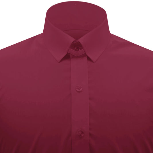 Snap Tab Collar Men's Maroon Dress Shirt Retro James Bond Celebrity Style Dress Classic Kent Clergy Collar Shirt Eton Loop Collar 70s 80s