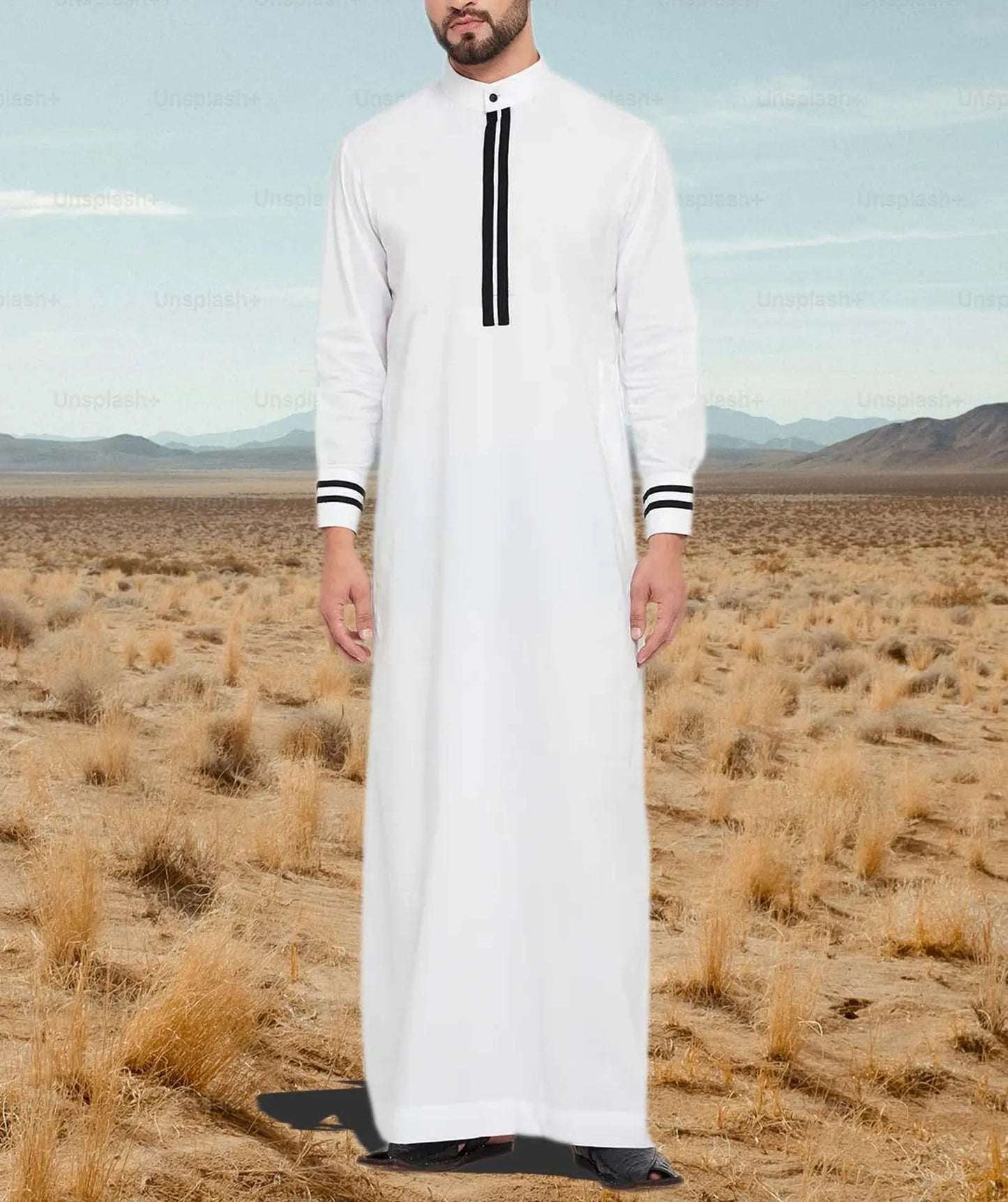 White Men Emirati Thobes Jubbah Arab Thobe Contrast Black Piping Galabiyya Islamic Wear Islamic Muslim Wear Robes for Men Eid Special Wear