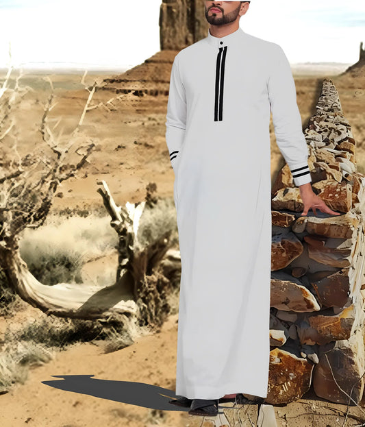 White Men Emirati Thobes Jubbah Arab Thobe Contrast Black Piping Galabiyya Islamic Wear Islamic Muslim Wear Robes for Men Eid Special Wear