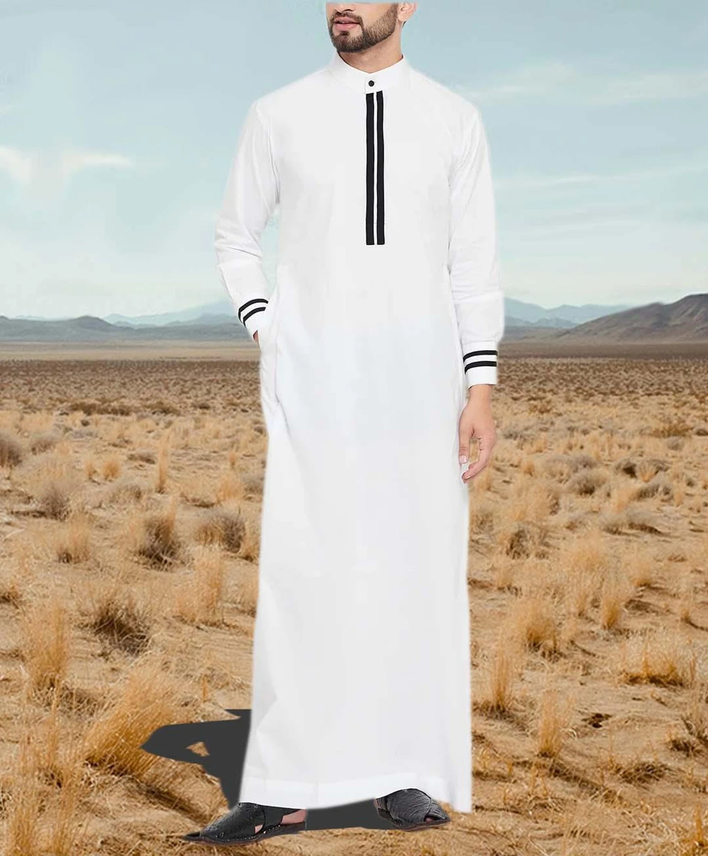 White Men Emirati Thobes Jubbah Arab Thobe Contrast Black Piping Galabiyya Islamic Wear Islamic Muslim Wear Robes for Men Eid Special Wear