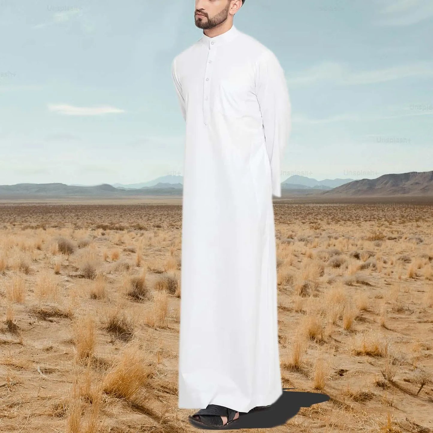 White Men Emirati Thobes Arabic Jubbah Thobe Contrast Galabiyya Islamic Wear Muslim Wear Robes for Men Kaftan Eid Special Saudi Style Wear