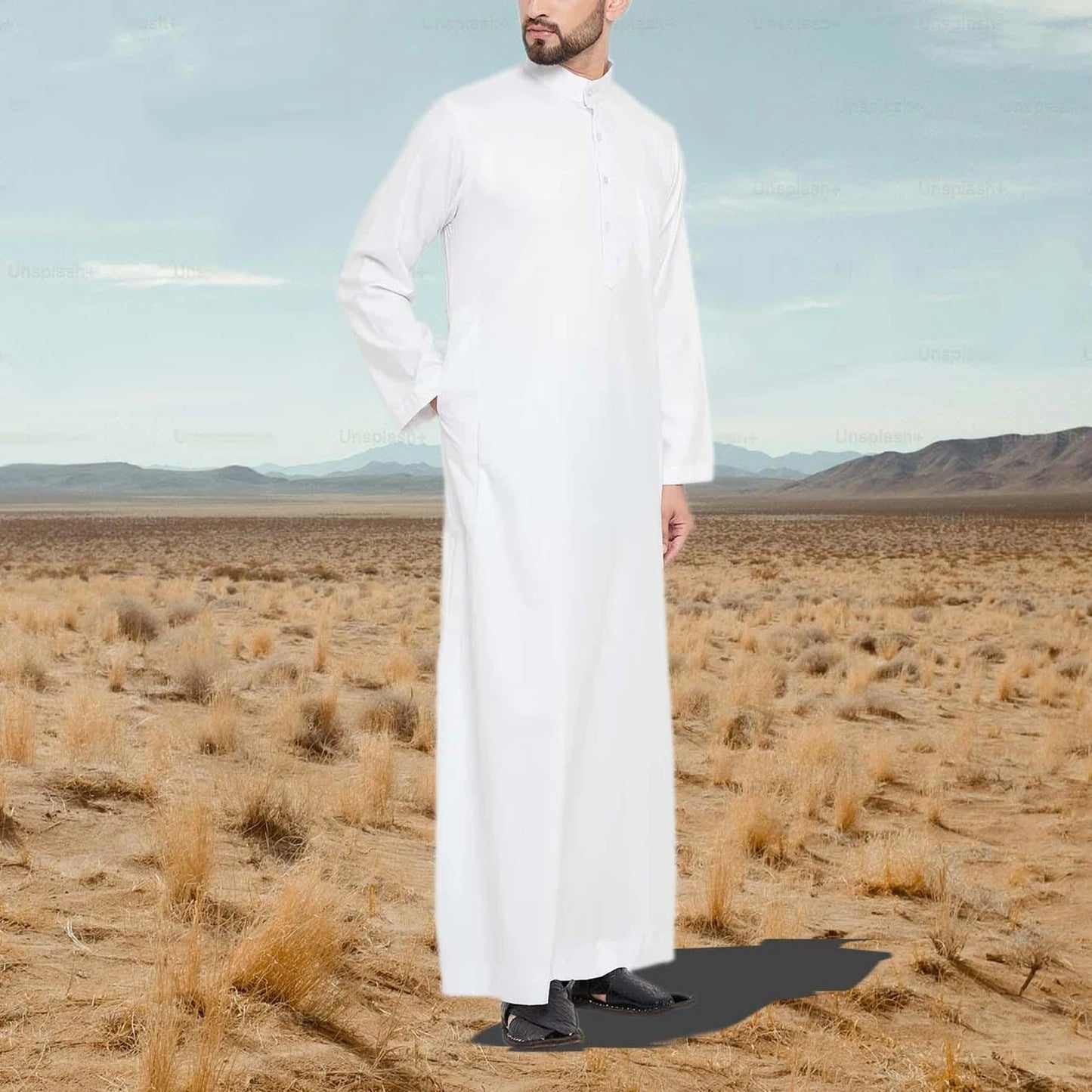 White Men Emirati Thobes Arabic Jubbah Thobe Contrast Galabiyya Islamic Wear Muslim Wear Robes for Men Kaftan Eid Special Saudi Style Wear