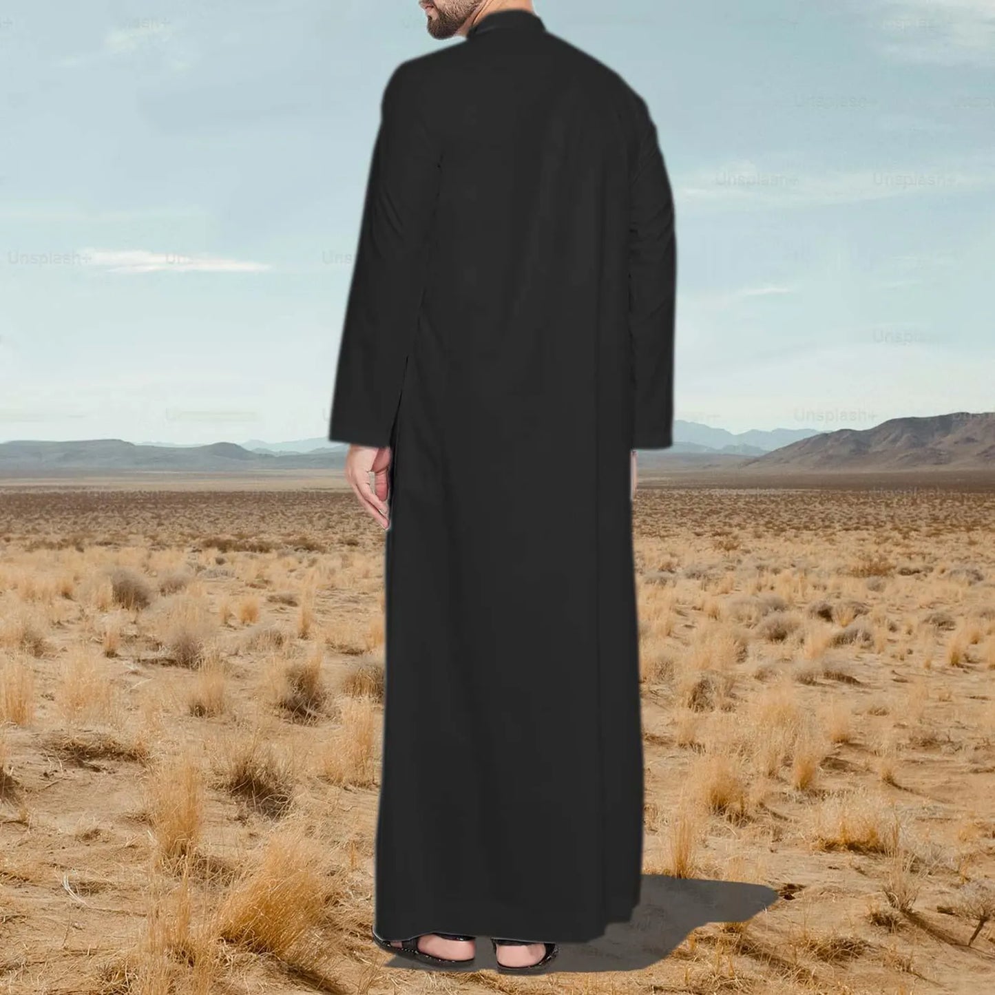 Black Men Jubbah Arabic Emirati Thobe Galabiyya Islamic Muslim Wear Robes for Men Eid Festival Special Wear Saudi Style Men Cotton Caftan