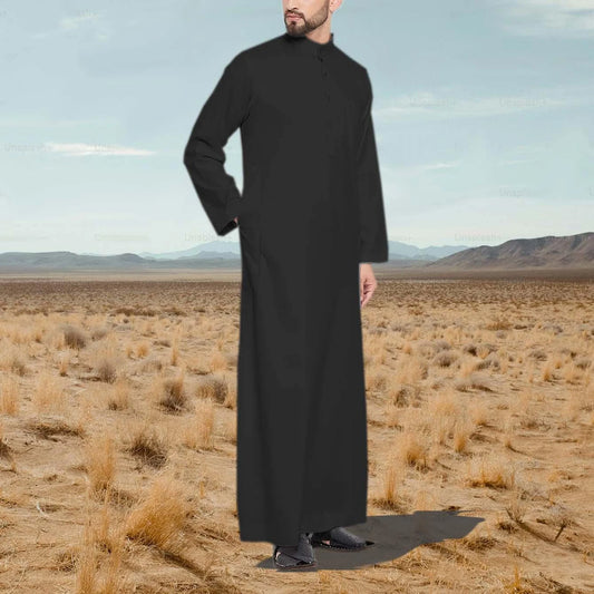 Black Men Jubbah Arabic Emirati Thobe Galabiyya Islamic Muslim Wear Robes for Men Eid Festival Special Wear Saudi Style Men Cotton Caftan