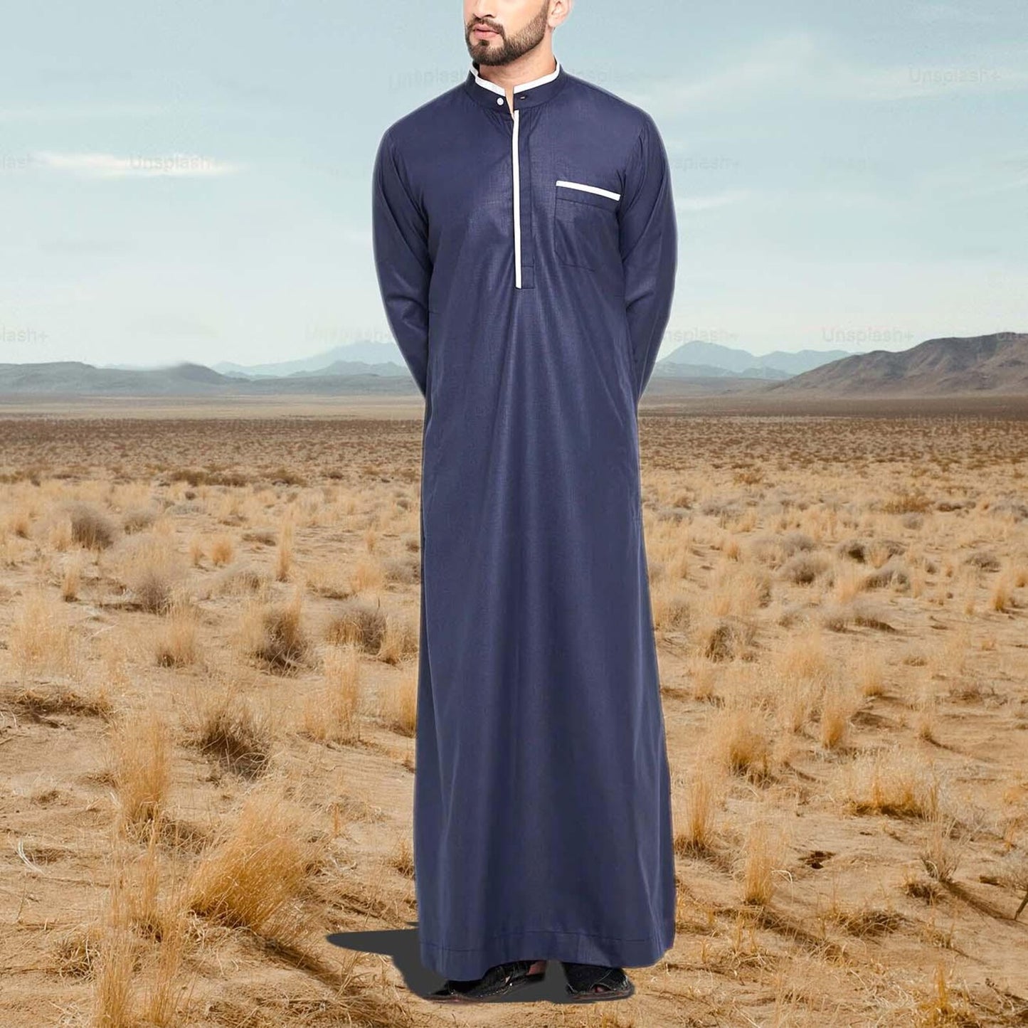 Navy Blue Men Emirati Thobes Jubbah Arab Thobe Contrast Piping Galabiyya Islamic Wear Islamic Muslim Wear Robes for Men Eid Special Wear