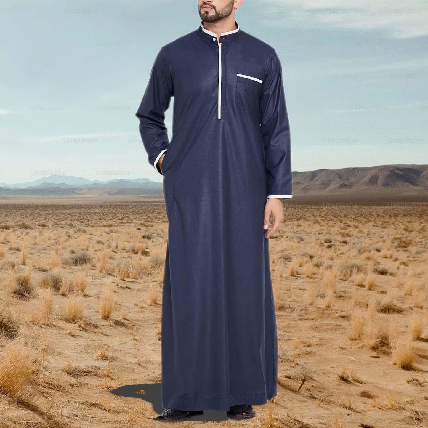 Navy Blue Men Emirati Thobes Jubbah Arab Thobe Contrast Piping Galabiyya Islamic Wear Islamic Muslim Wear Robes for Men Eid Special Wear