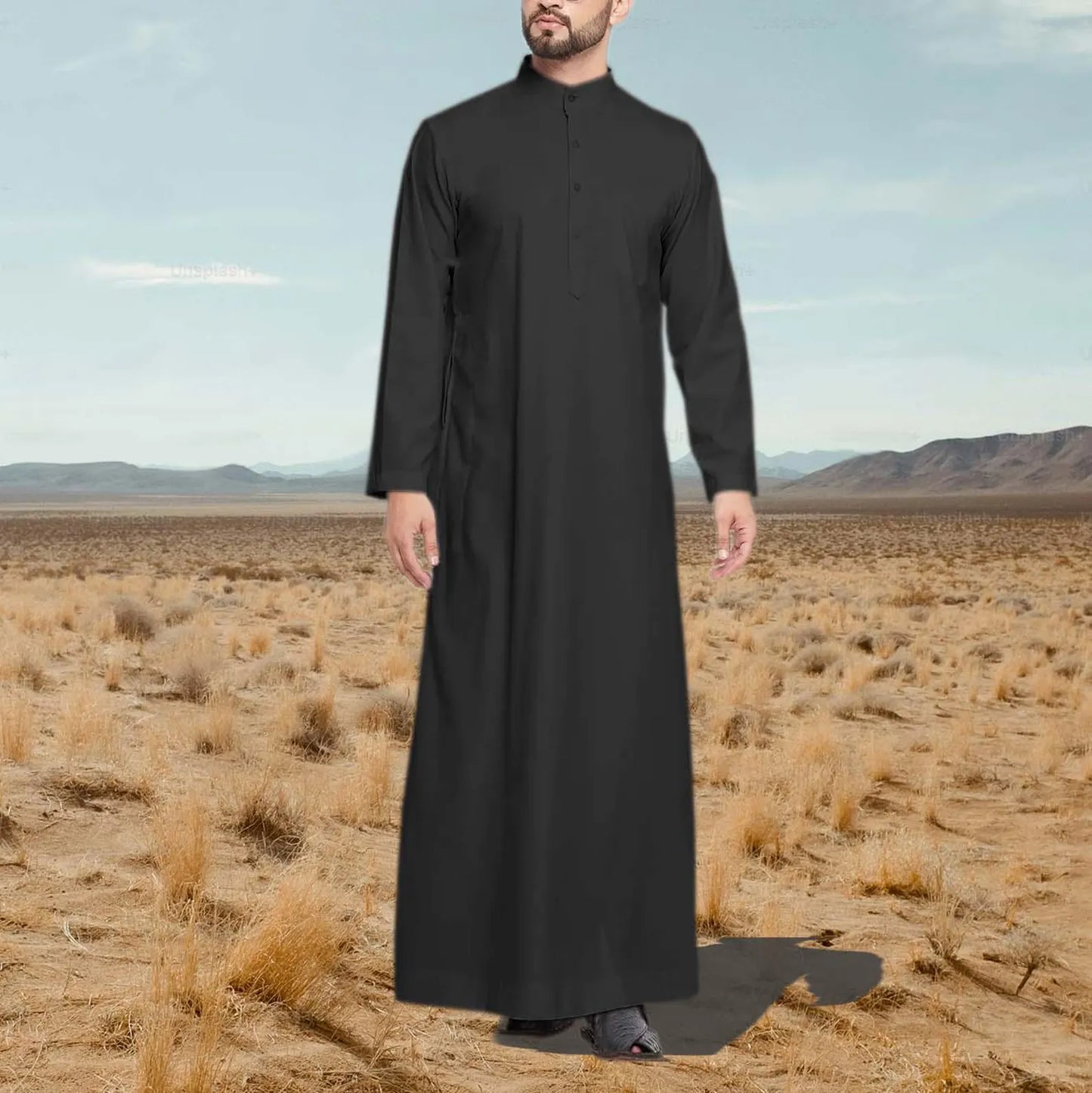 Black Men Jubbah Arabic Emirati Thobe Galabiyya Islamic Muslim Wear Robes for Men Eid Festival Special Wear Saudi Style Men Cotton Caftan